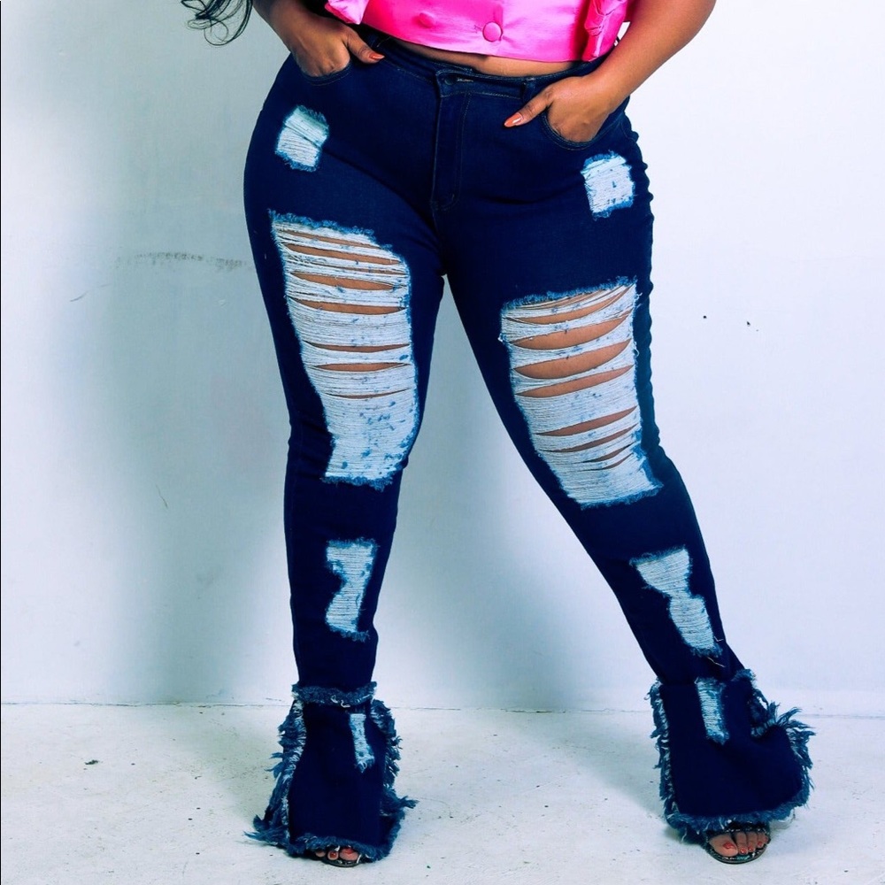 Jessica Stylish Distressed Front Dark Blue 70’s inspired bell bottom Jeans